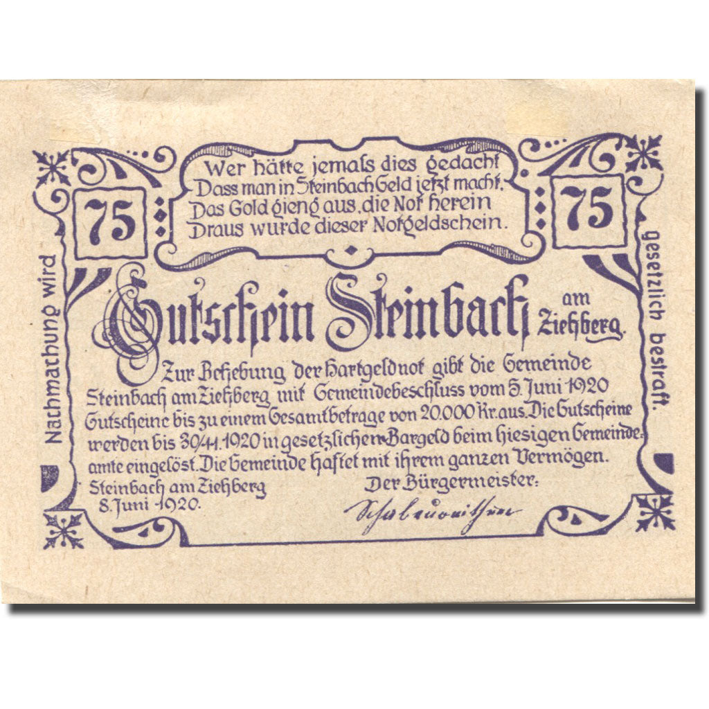 Banknote, Austria, Steinbach, 75 Heller, village, 1920 EF(40-45) Mehl:FS 1024