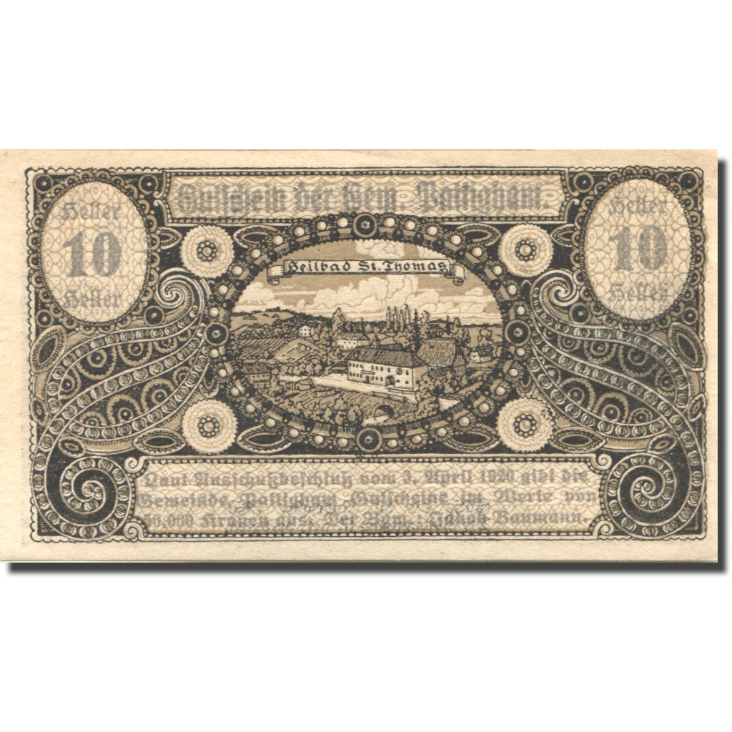 Banknote, Austria, St Thomas, 10 Heller, Eglise, 1920 UNC(63) Mehl:FS 938