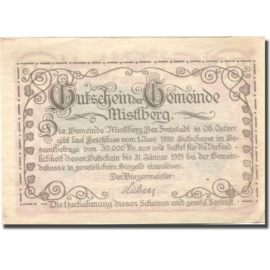 Banknote, Austria, Mistelberg, 50 Heller, Usine, 1921-01-31 UNC(63) Mehl:FS 40