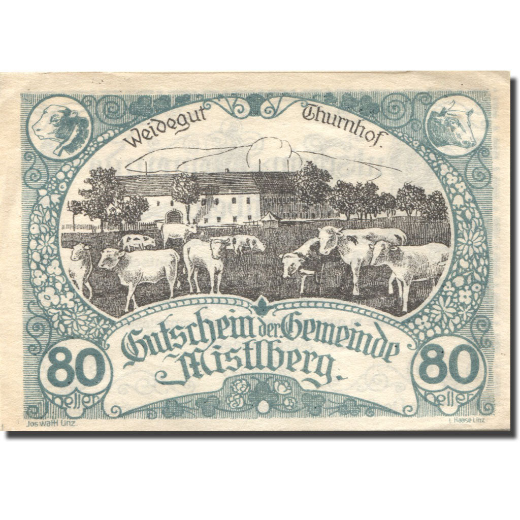 Banknote, Austria, Mistelberg, 80 Heller, ferme 1921-01-31, UNC(63) Mehl:FS 40