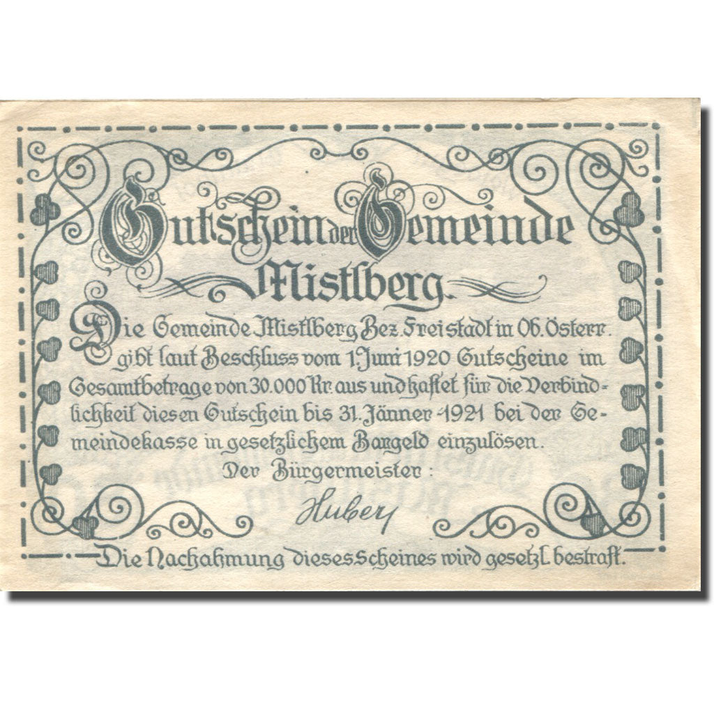 Banknote, Austria, Mistelberg, 80 Heller, ferme 1921-01-31, UNC(63) Mehl:FS 40