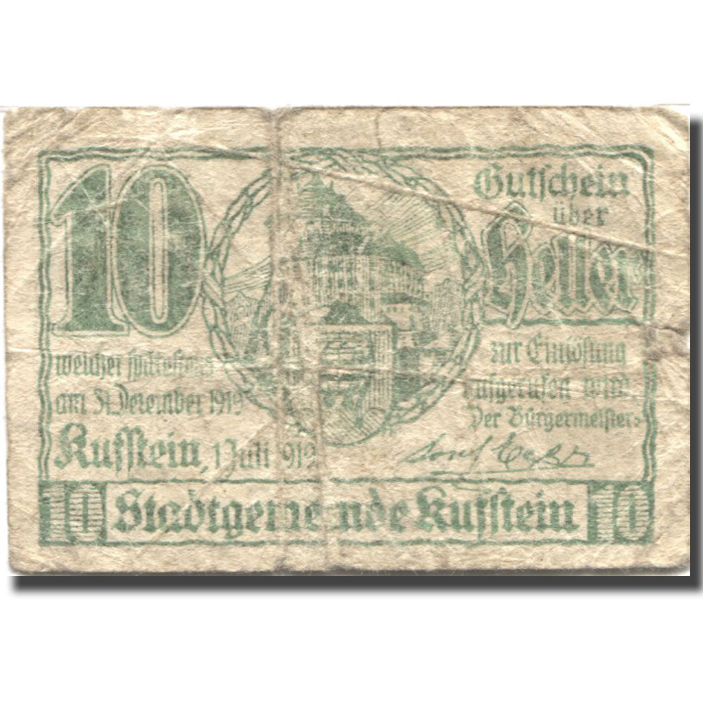 Banknote, Austria, Kufstein, 10 Heller, Blason, 1919 VG(8-10) Mehl:FS 491e