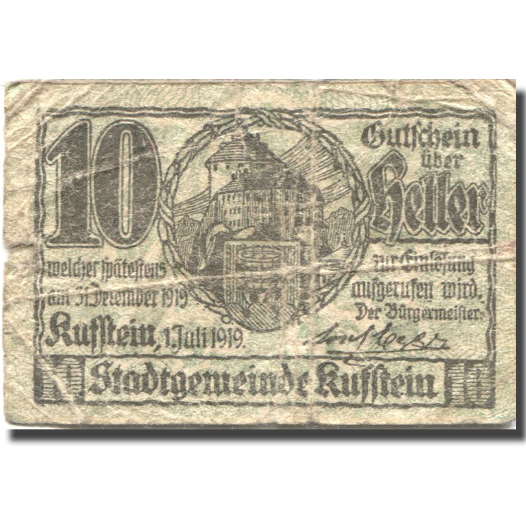Banknote, Austria, Kufstein, 10 Heller, Blason, 1919 VG(8-10) Mehl:FS 491e