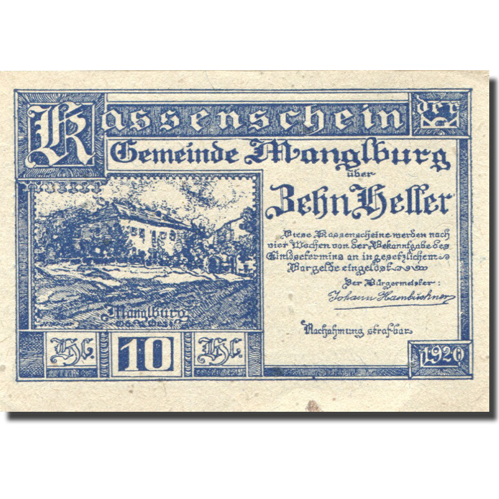 Banknote, Austria, Manglburg, 10 Heller, ferme 1920-04-24, UNC(63) Mehl:FS 692V