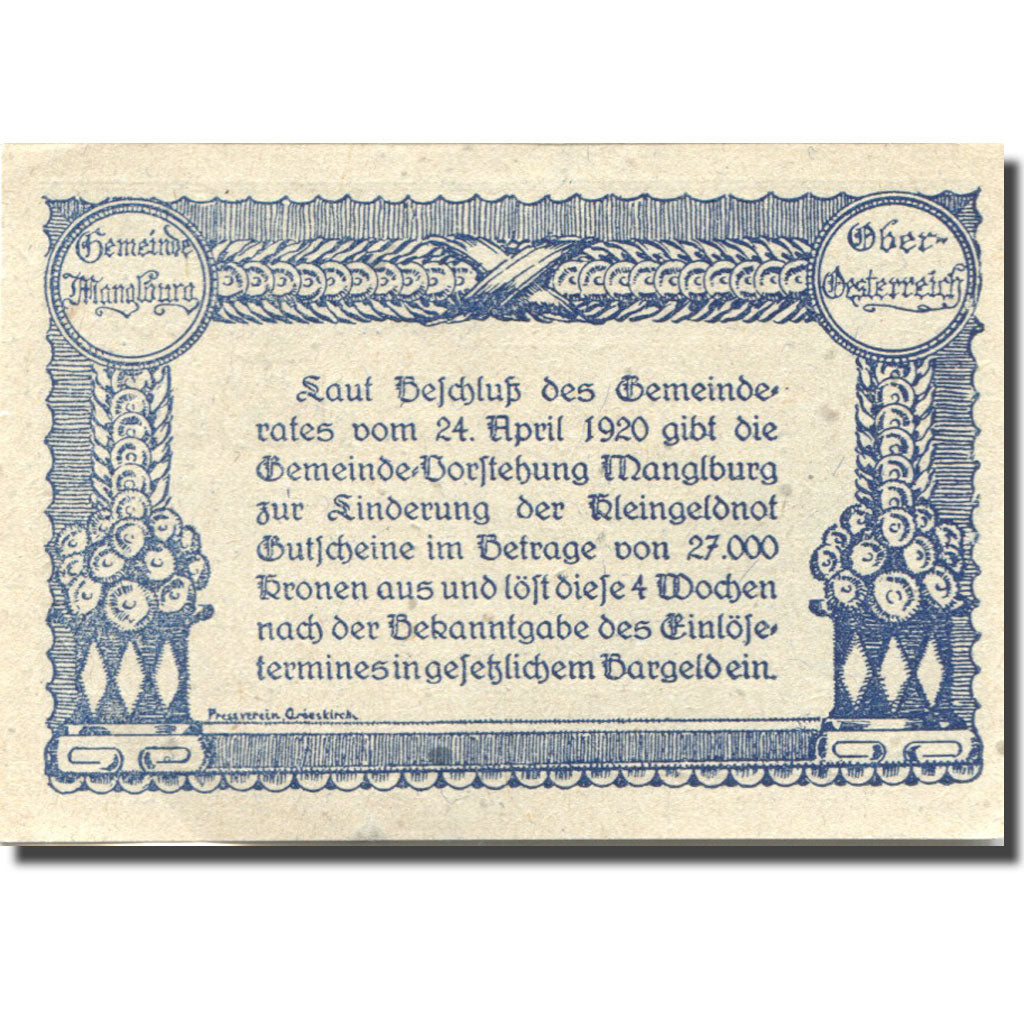Banknote, Austria, Manglburg, 10 Heller, ferme 1920-04-24, UNC(63) Mehl:FS 692V