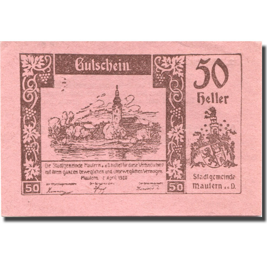 Banconote, Austria, Mautern, 50 Heller, village 1920-12-31, SPL Mehl:FS 600IIe2