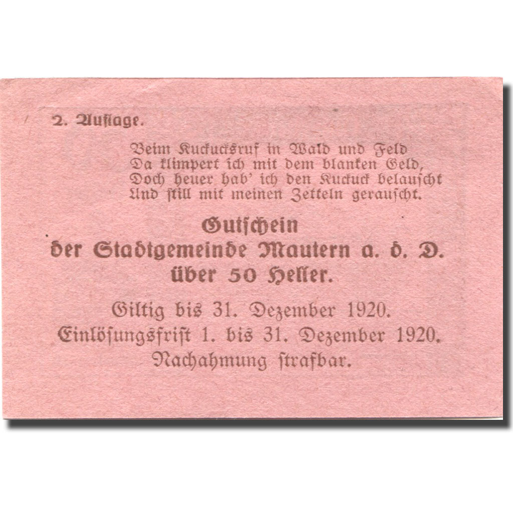 Banconote, Austria, Mautern, 50 Heller, village 1920-12-31, SPL Mehl:FS 600IIe2