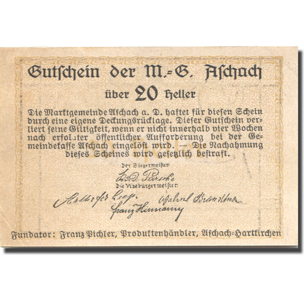 Banknote, Austria, Aschach, 20 Heller, Blason, UNC(63) orange Mehl:FS 53IIa4