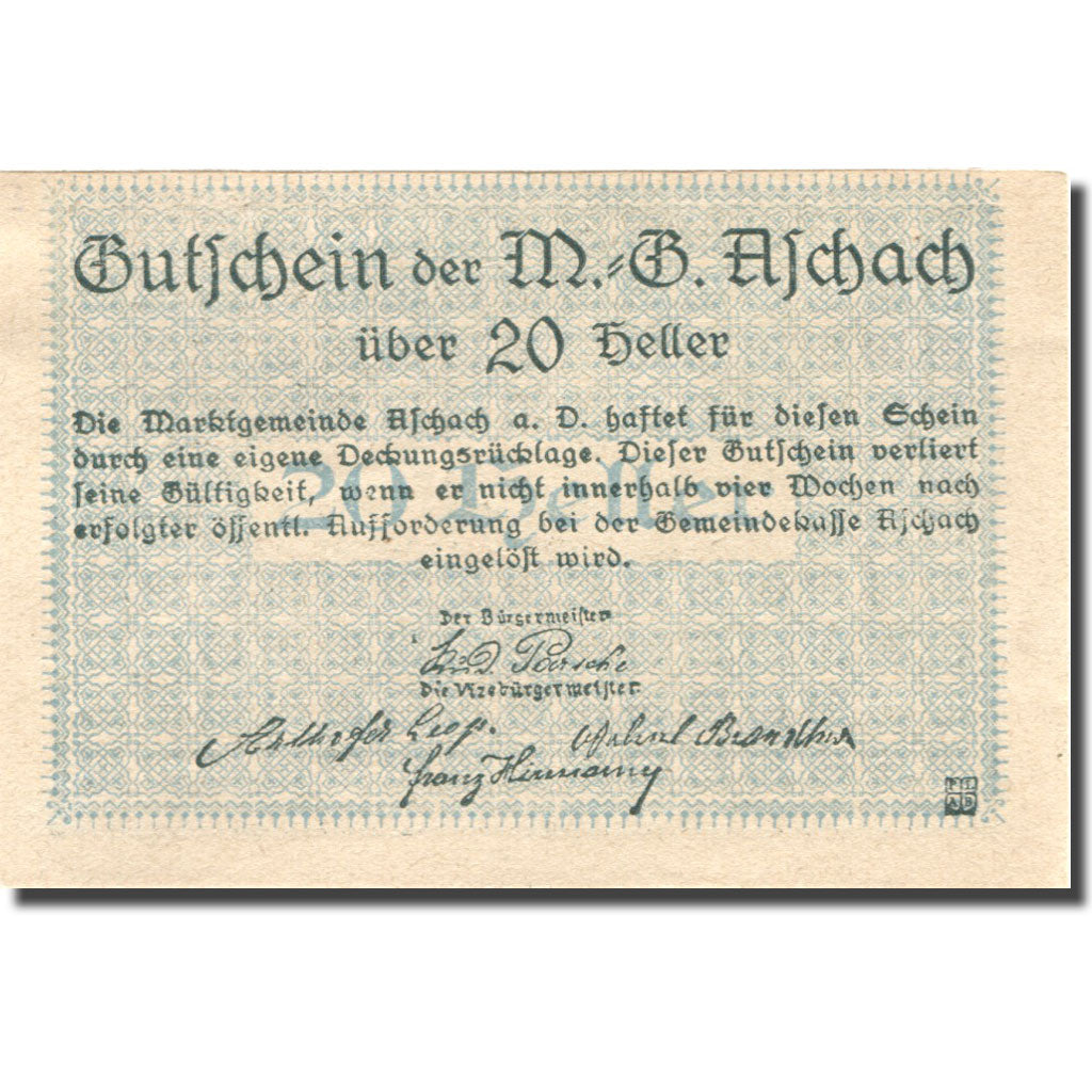 Banknote, Austria, Aschach, 20 Heller, Blason 1, UNC(63) blue Mehl:FS 53IIb18