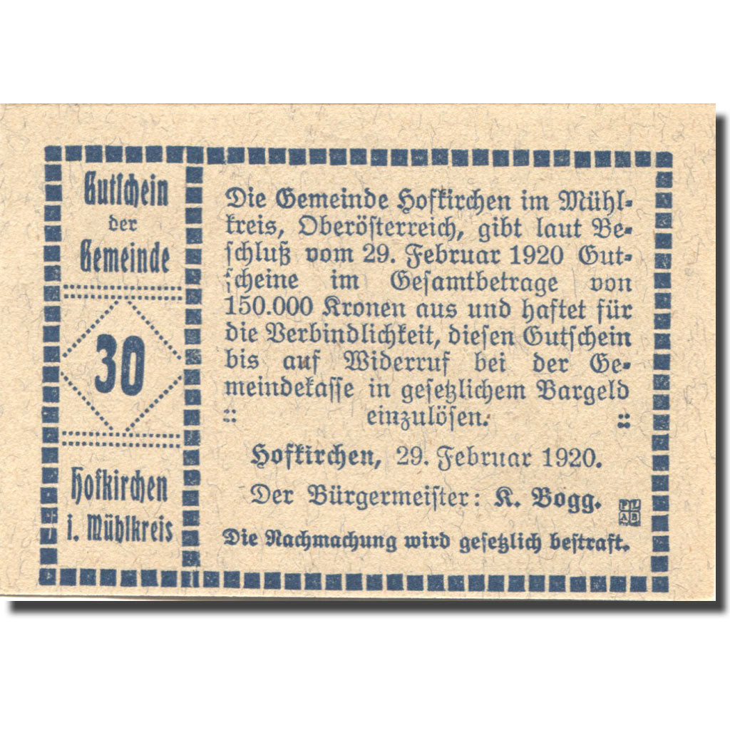 Banknote, Austria, Hofkirchen, 30 Heller, château, UNC(63), Mehl:FS 386Ib1