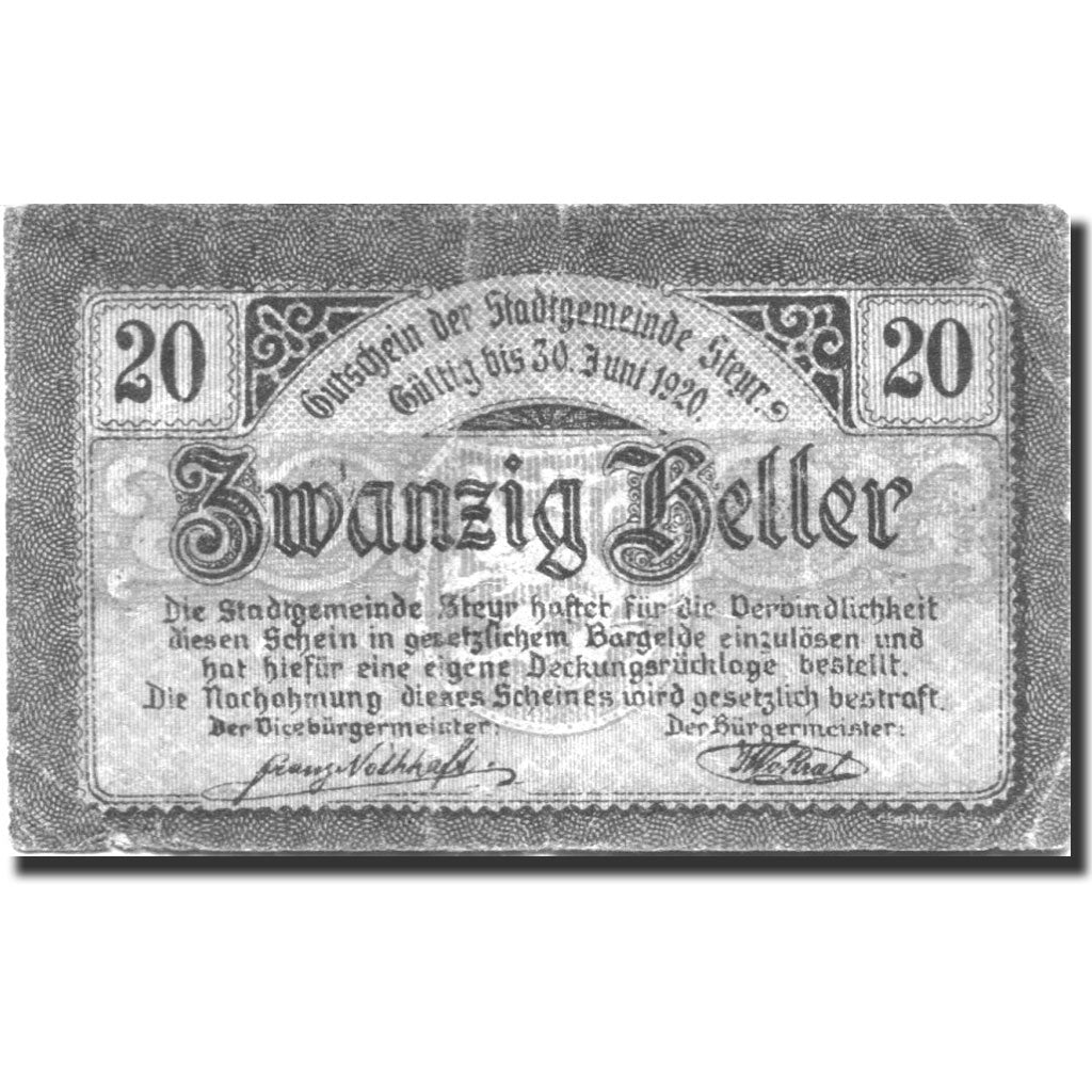 Banknote, Austria, Steyr, 20 Heller, Blason, 1920 VF(20-25) Mehl:FS 1034Ia