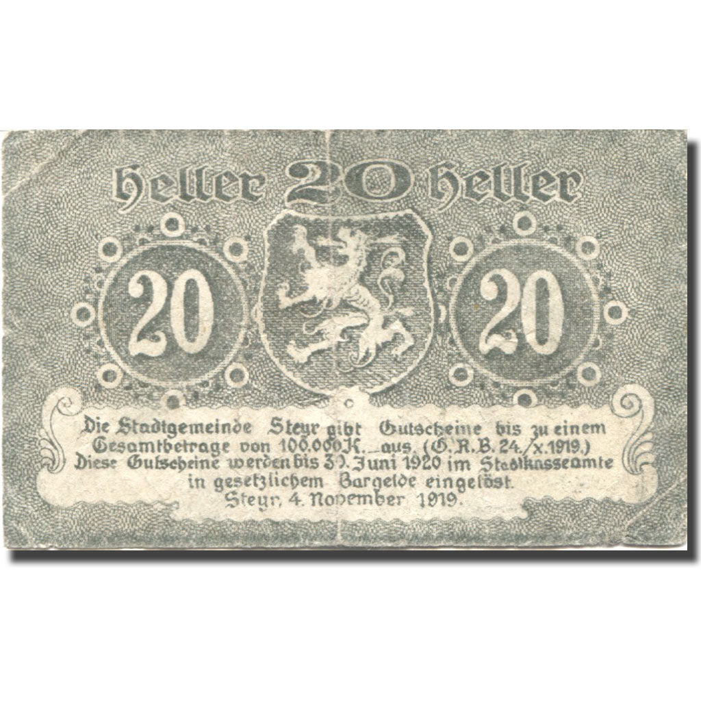 Banknote, Austria, Steyr, 20 Heller, Blason, 1920 VF(20-25) Mehl:FS 1034Ia