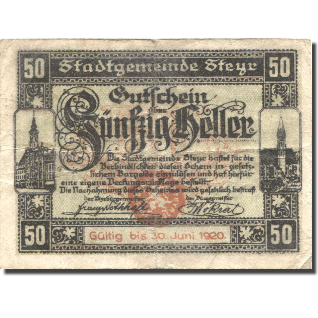 Banknote, Austria, Steyr, 50 Heller, château, 1920 VF(20-25)  Mehl:FS 1034Ia
