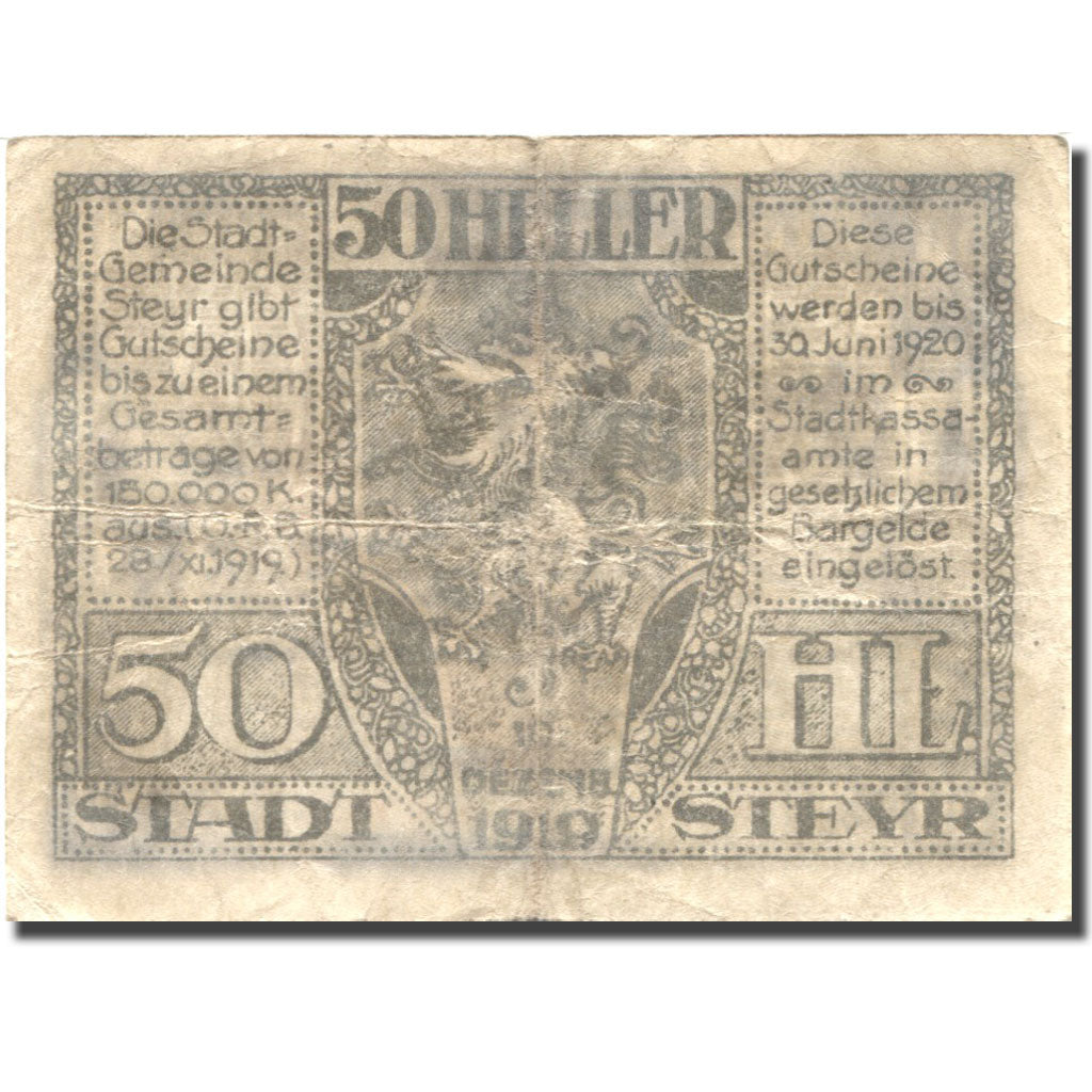 Banknote, Austria, Steyr, 50 Heller, château, 1920 VF(20-25)  Mehl:FS 1034Ia