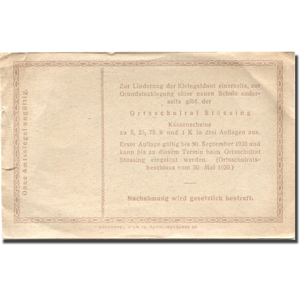 Banknote, Austria, Stössing, 1 Krone, paysage, 1920 EF(40-45) Mehl:FS 1040