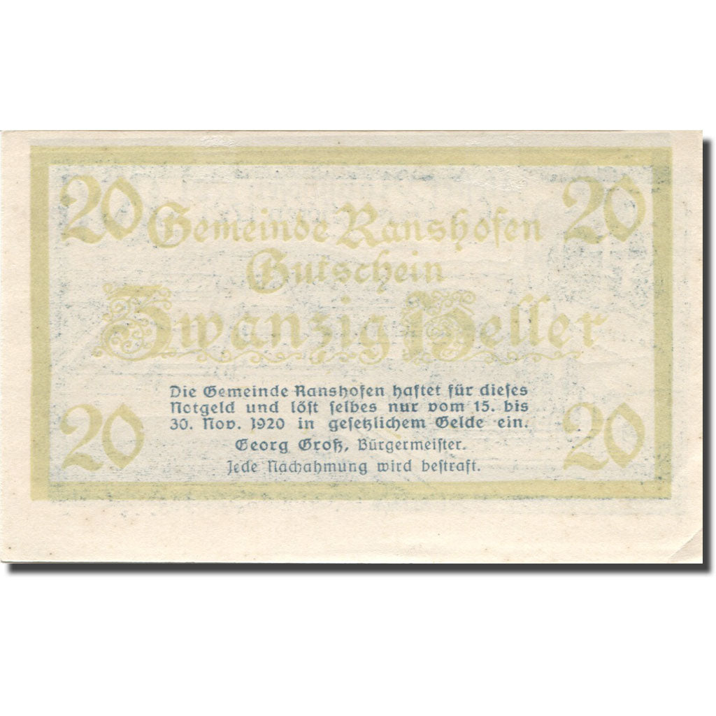 Banconote, Austria, Ranshofen, 20 Heller château 1, 1920 SPL green Mehl:FS 819Da