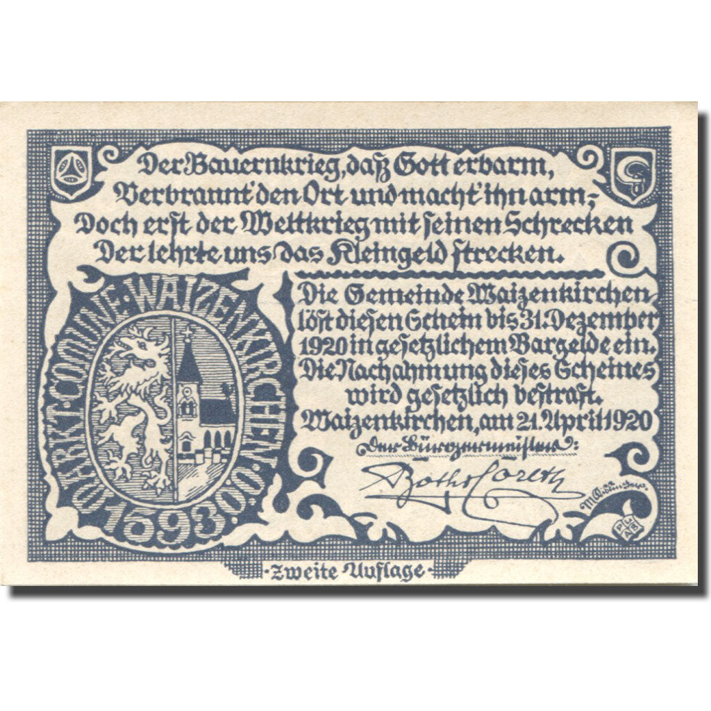 Banknote, Austria, Waizenkirchen, 20 Heller, paysage, 1920 UNC(63) Mehl:FS 1128a