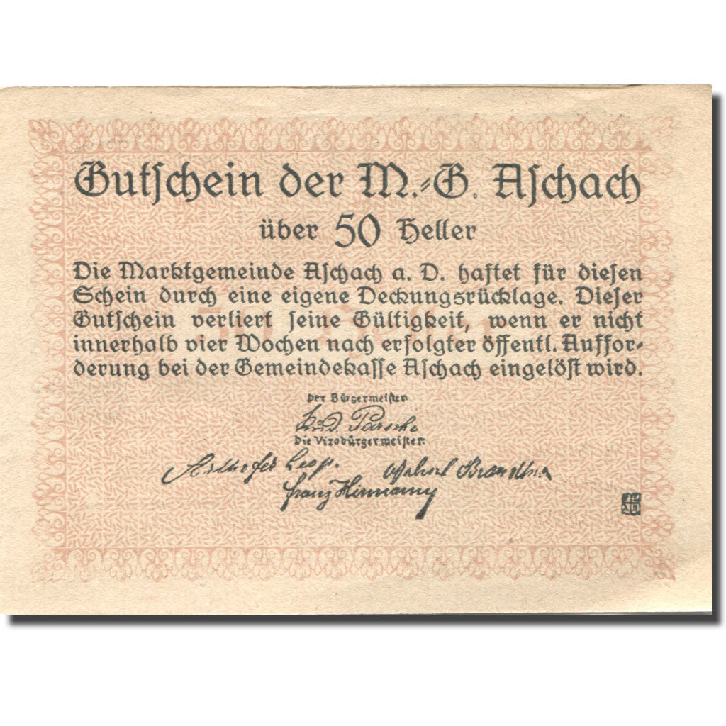 Banknote, Austria, Aschach, 50 Heller, fleuve 1, UNC(63) orange Mehl:FS 53IIb09