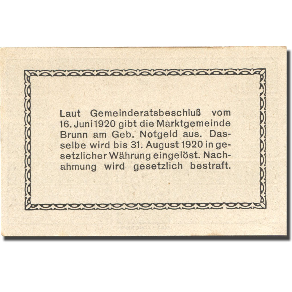 Banknote, Austria, Brunn, 50 Heller, paysage, 1920 AU(55-58) Mehl:FS 109a