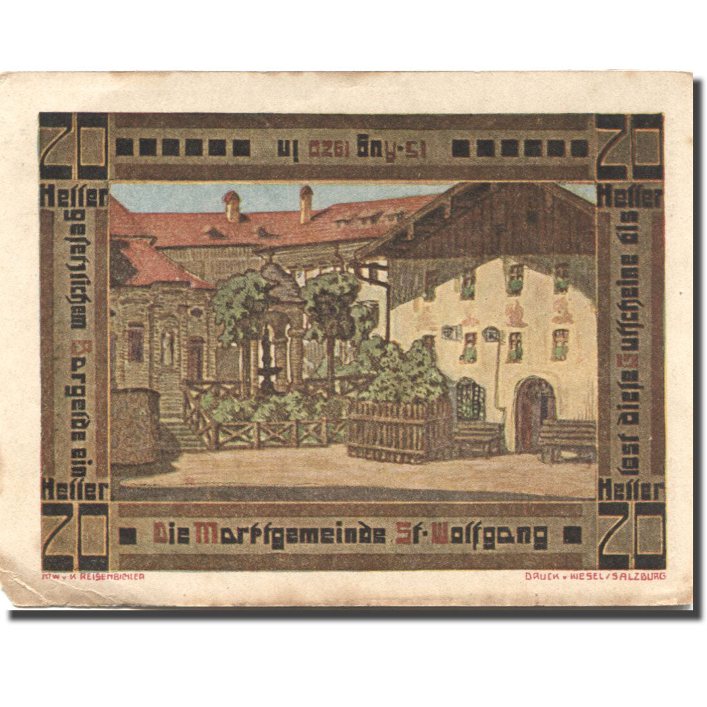 Geldschein, Österreich, St Wolfgang, 20 Heller, Eglise 1920 VZ  Mehl:FS 947a