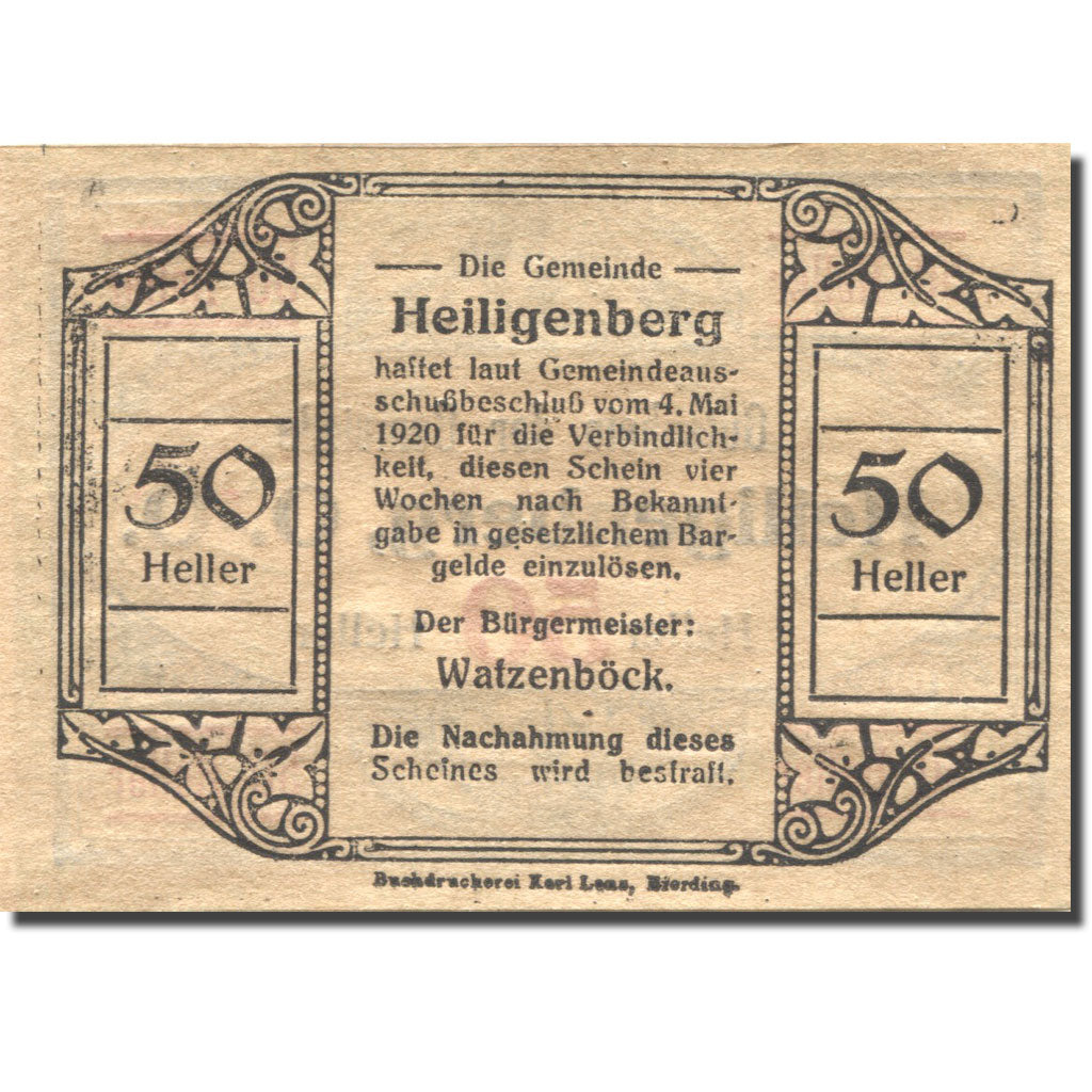 Banknote, Austria, Heiligenberg, 50 Heller face value 1, 1920 SPL Mehl:FS 361Ia