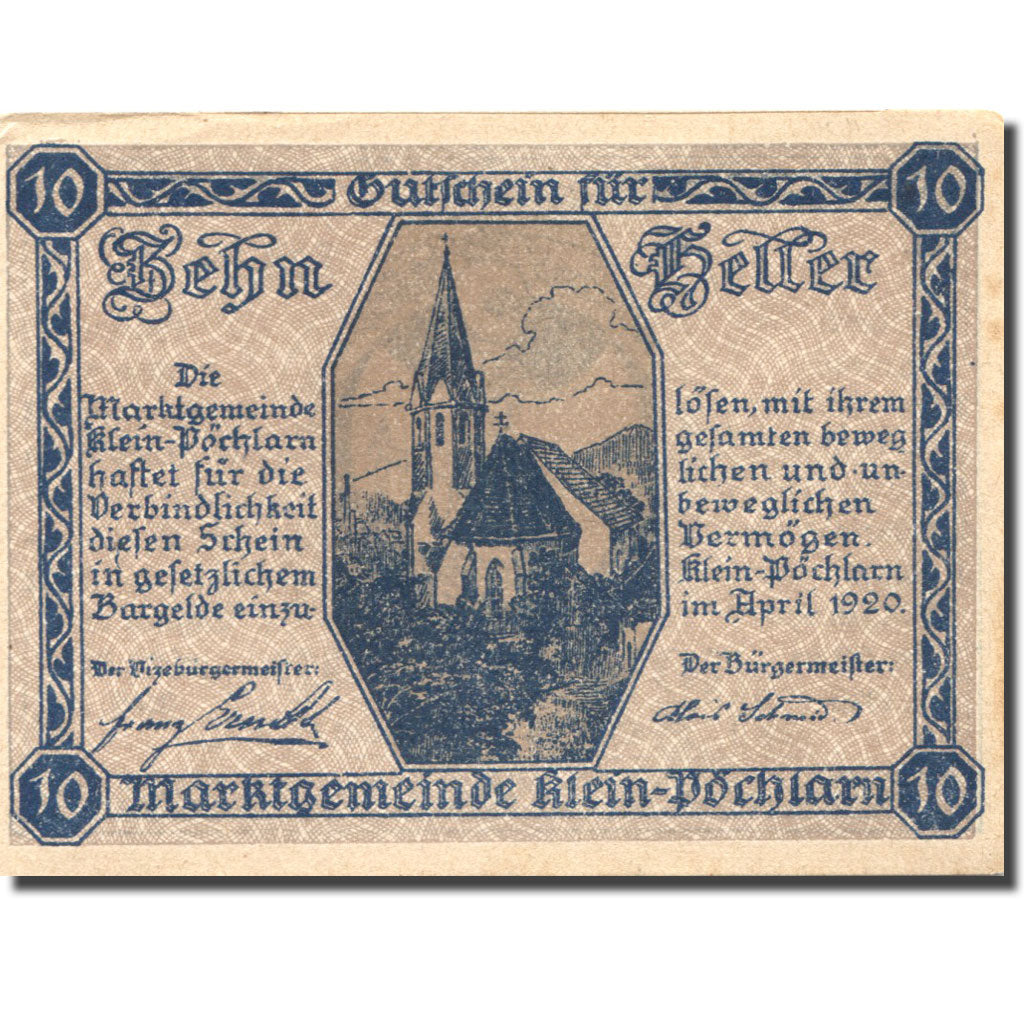 Banconote, Austria, Klein-Pöchlarn, 10 Heller, Eglise, 1920 SPL- Mehl:FS 457a