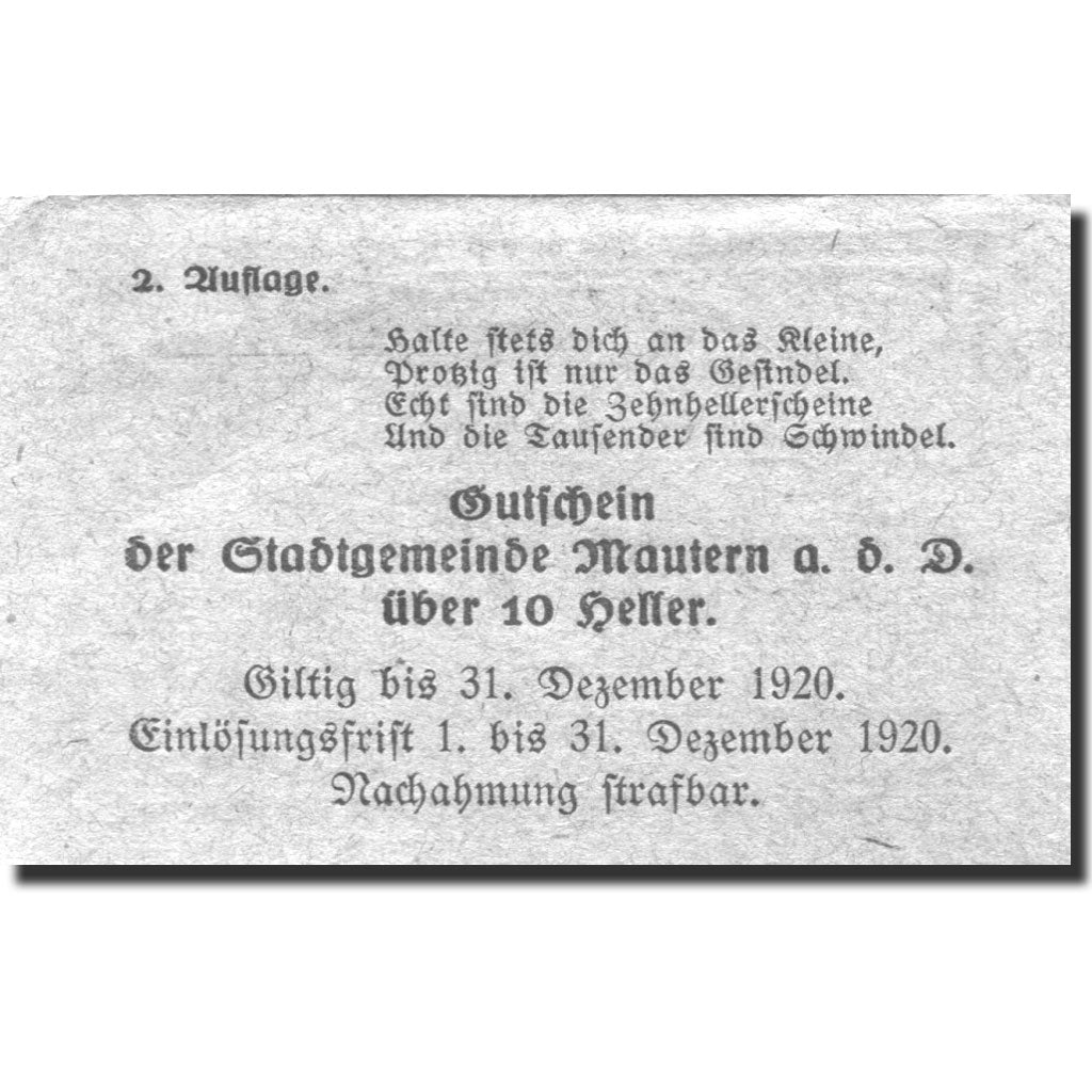 Banknote, Austria, Mautern, 10 Heller, pont 1920-12-31, UNC(63), Mehl:FS 600IIc2