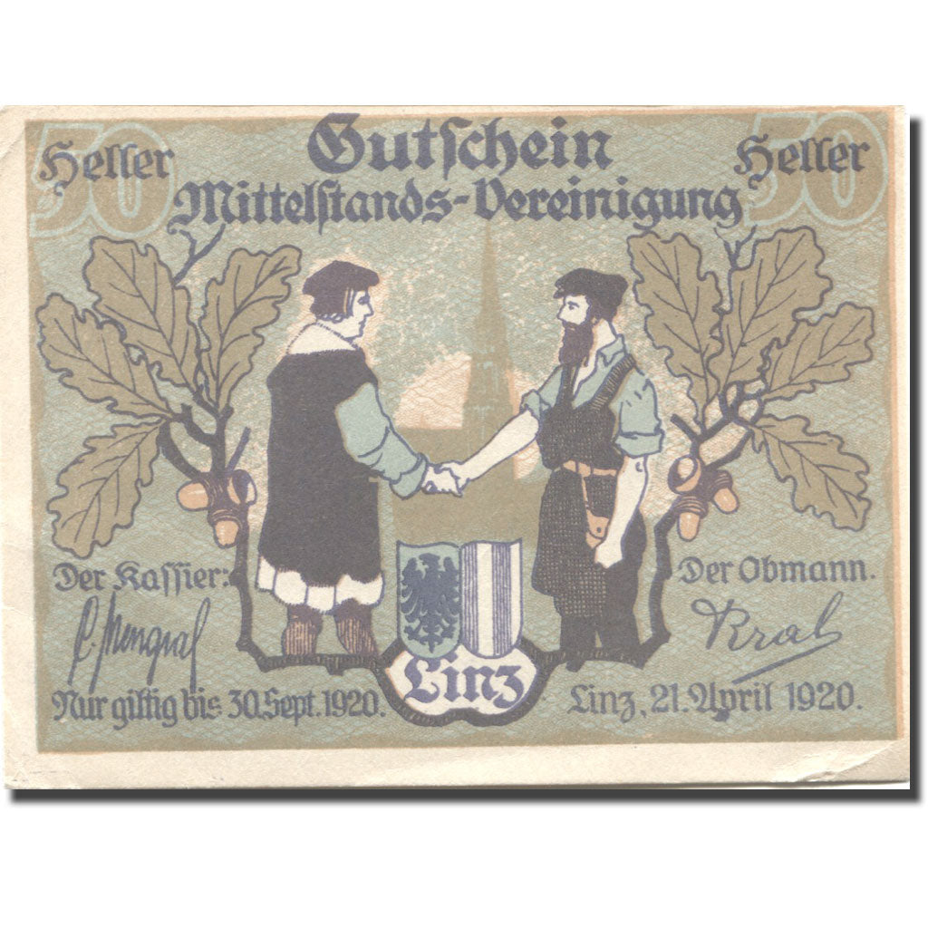 Banknote, Austria, Linz, 50 Heller, Blason 1920-09-30, AU(55-58), Mehl:FS 550a
