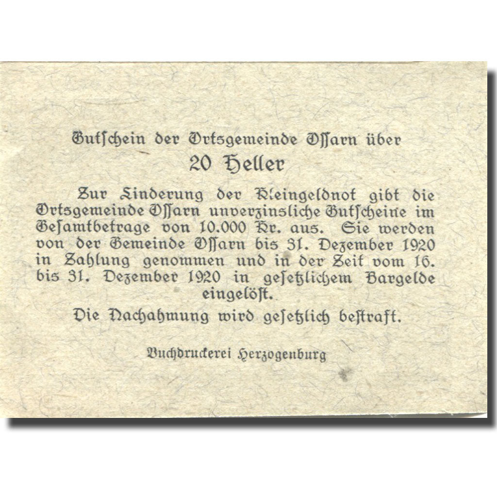 Banknote, Austria, Ossarn, 20 Heller, Eglise 1920-12-31 UNC(63), Mehl:FS 712a2.1