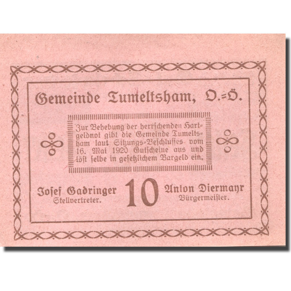 Banknote, Austria, Tumeltsham, 10 Heller face value 1920 UNC(63) Mehl:FS 1085IIa