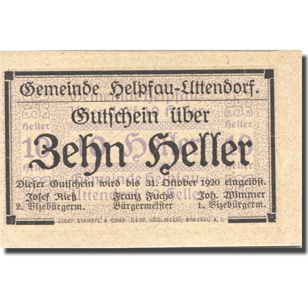 Banknote, Austria, Helpfau-Uttendorf, 10 Heller, paysage, UNC(63), Mehl:FS 365Ib