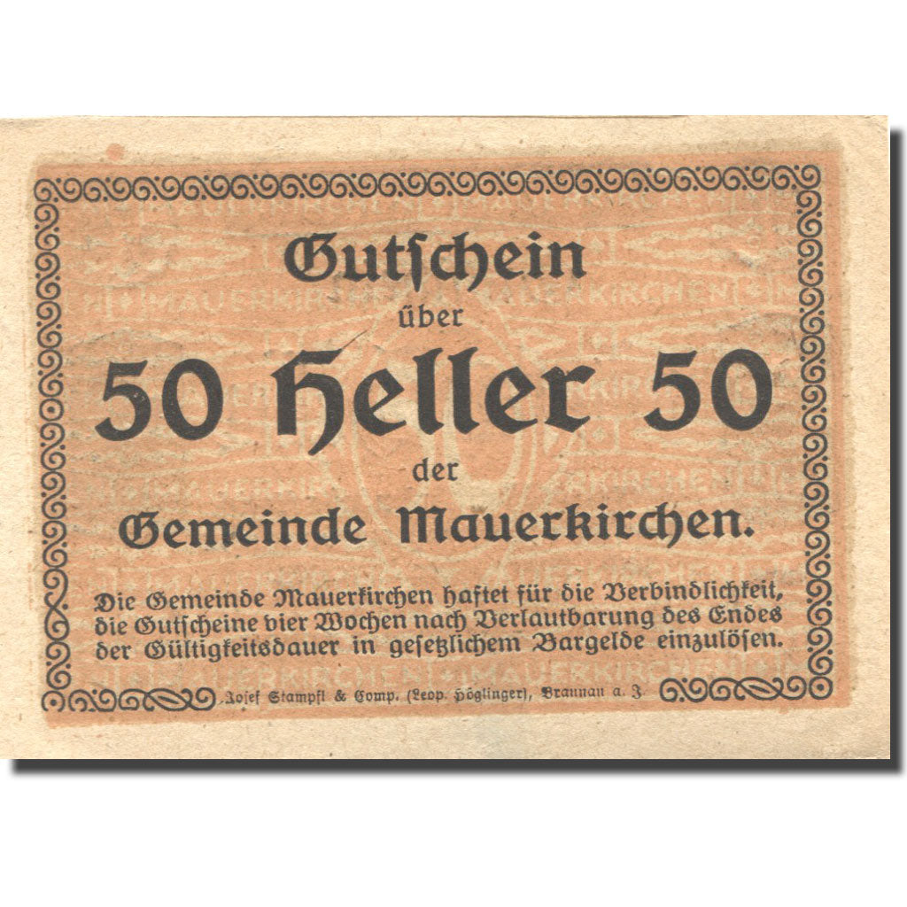 Banknote, Austria, Mauerkirchen, 50 Heller, Eglise, AU(55-58), Mehl:FS 598ICa