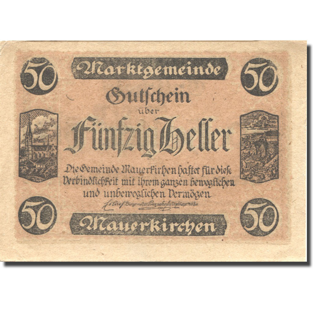 Banknote, Austria, Mauerkirchen, 50 Heller, Eglise, AU(55-58), Mehl:FS 598ICa