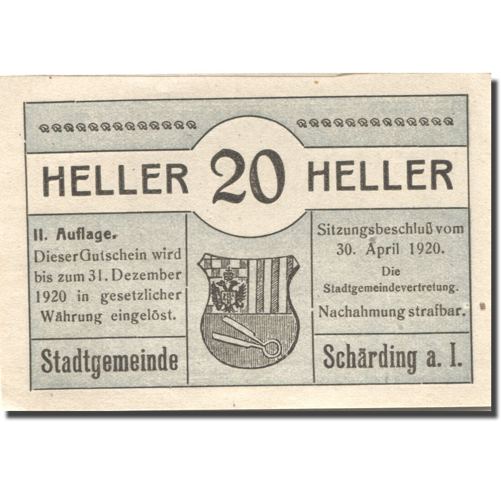 Banknote, Austria, Schärding, 20 Heller, Blason, 1920 UNC(63) Mehl:FS 951IIa