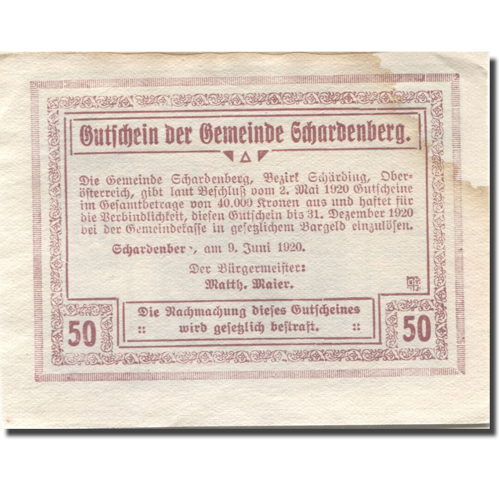 Banknote, Austria, Schardenberg, 50 Heller, Eglise, 1920 AU(55-58) Mehl:FS 954c