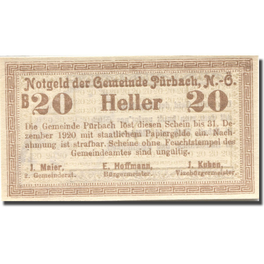 Banknote, Austria, Pürbach, 20 Heller, face value 1920 UNC(63) Mehl:FS 793IIbF