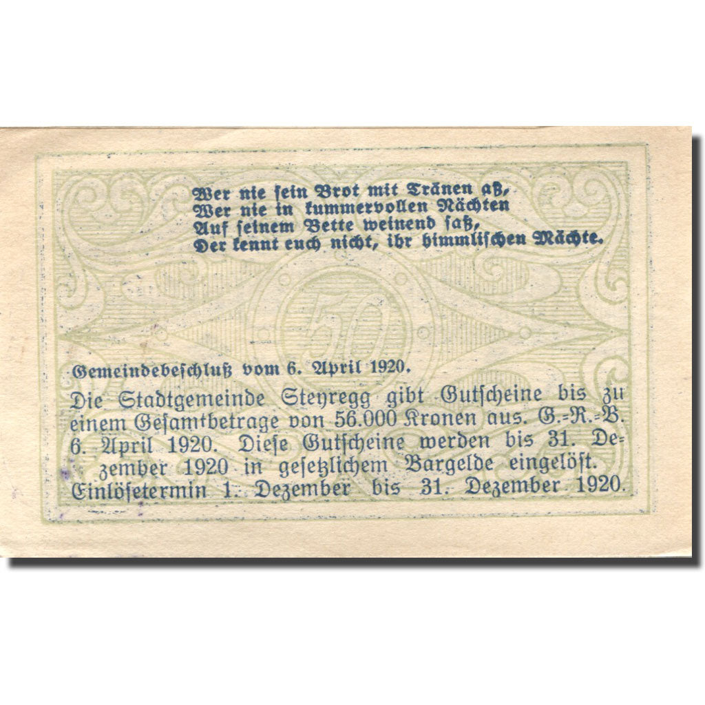 Banknote, Austria, Steyregg, 50 Heller, village, 1920 UNC(63) Mehl:FS 1036Ia