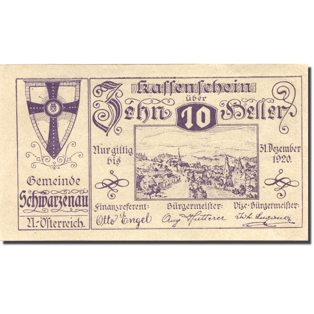 Banknote, Austria, Schwarzenau, 10 Heller, village, 1920 UNC(63) Mehl:FS 979a