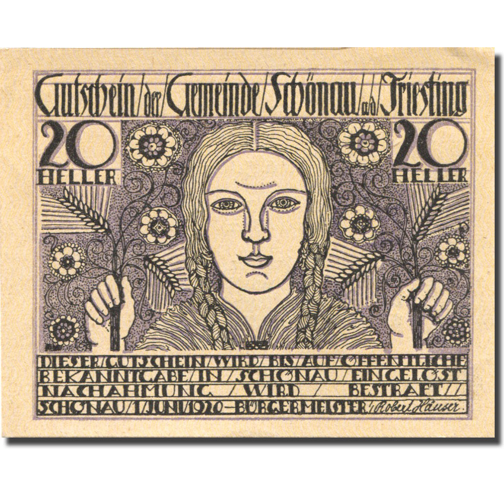 Banknote, Austria, Schönau, 20 Heller, personnage, 1920 UNC(63) Mehl:FS 965a