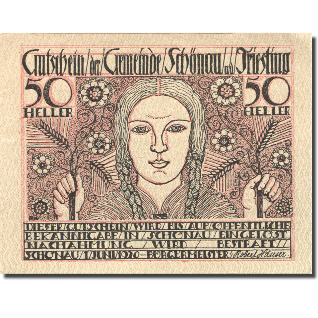 Banknote, Austria, Schönau, 50 Heller, personnage 1, 1920 UNC(63) Mehl:FS 965a
