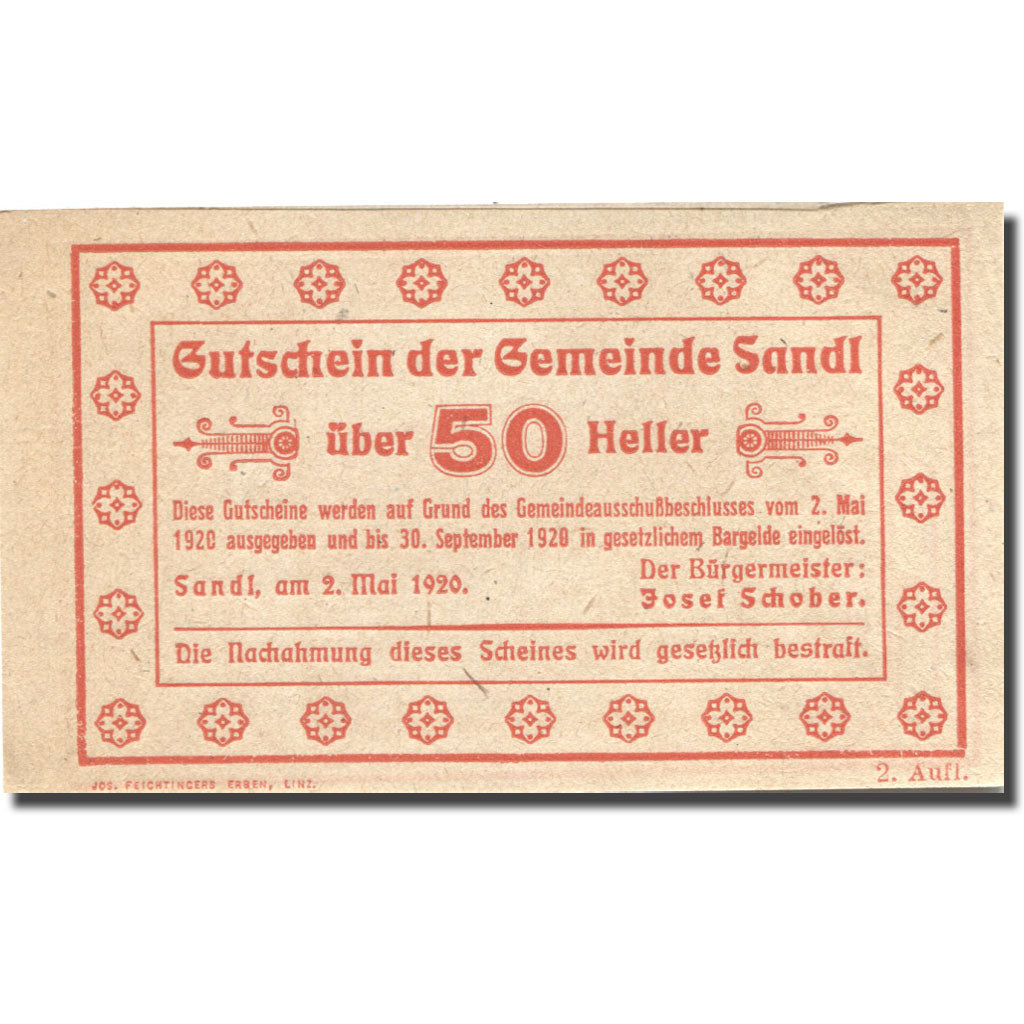 Banknote, Austria, Sandl, 50 Heller, cerf 1920-09-30, UNC(63), Mehl:FS 874Ia