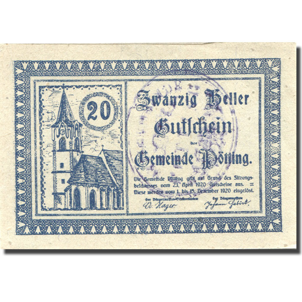 Banknote, Austria, Pötting, 20 Heller, Eglise 1, 1920 blue UNC(63) Mehl:FS 933
