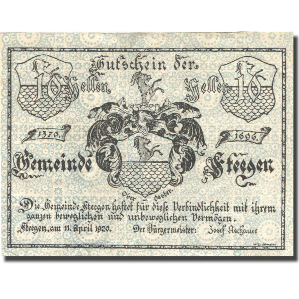 Banknote, Austria, Steegen, 10 Heller, Blason, 1920 EF(40-45) Mehl:FS 1012Ia