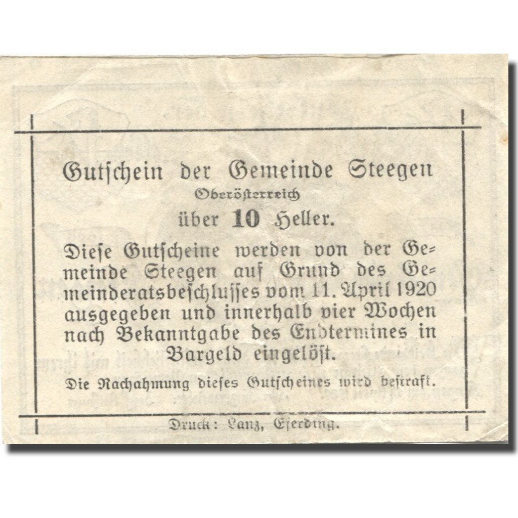 Banknote, Austria, Steegen, 10 Heller, Blason, 1920 EF(40-45) Mehl:FS 1012Ia
