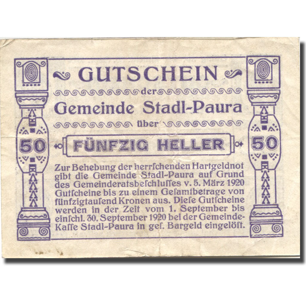 Banknote Austria, Stadl-Paura 50 Heller face value 1920 EF(40-45) Mehl:FS 1008Ia