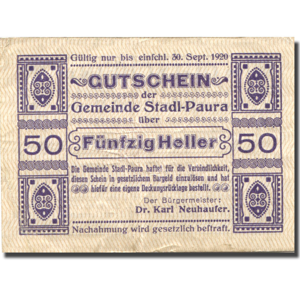 Banknote Austria, Stadl-Paura 50 Heller face value 1920 EF(40-45) Mehl:FS 1008Ia