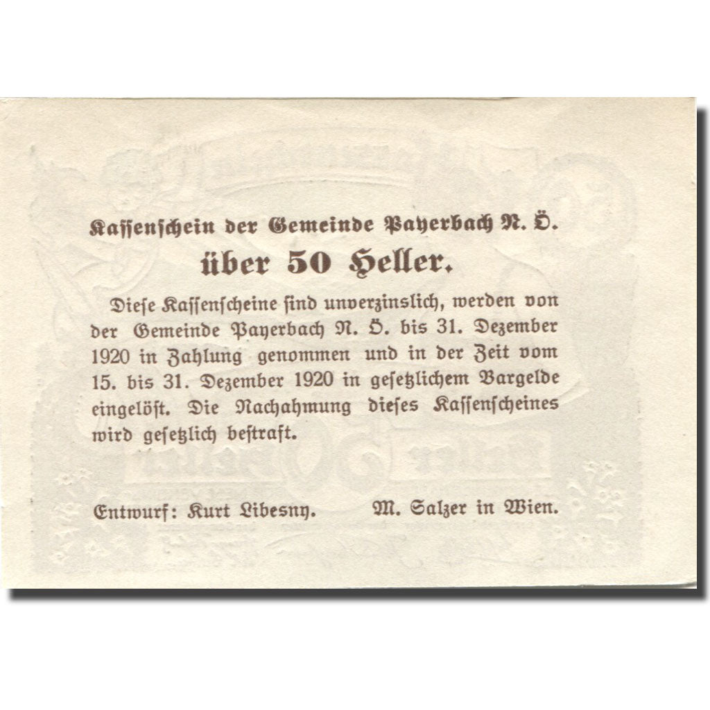 Banknote, Austria, Payerbach, 50 Heller, personnage, 1920 UNC(63) Mehl:FS 725