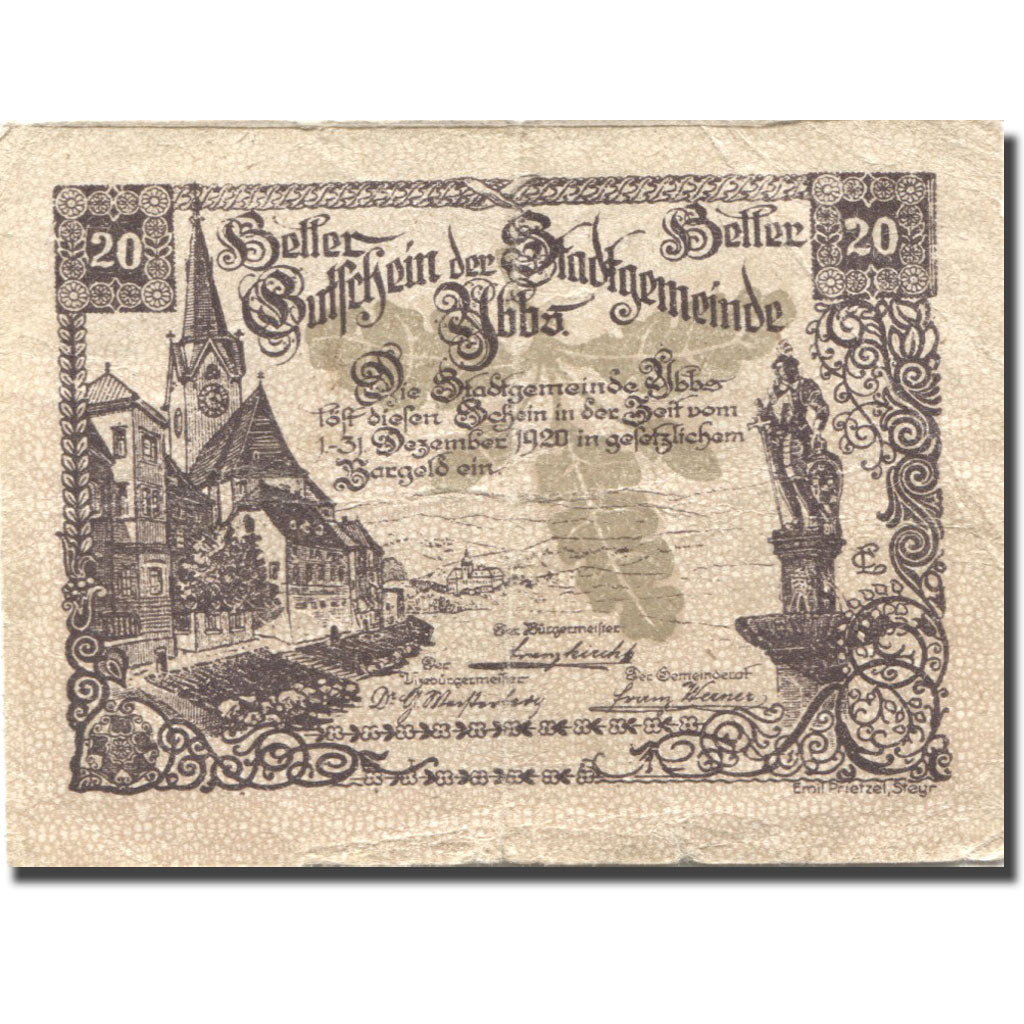 Banknote, Austria, Ybbs, 20 Heller, Eglise, 1920 VF(20-25), Mehl:FS 1258a