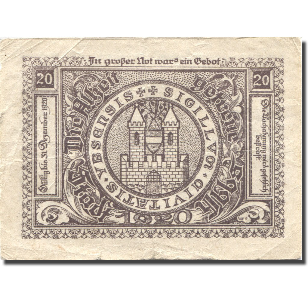 Banknote, Austria, Ybbs, 20 Heller, Eglise, 1920 VF(20-25), Mehl:FS 1258a