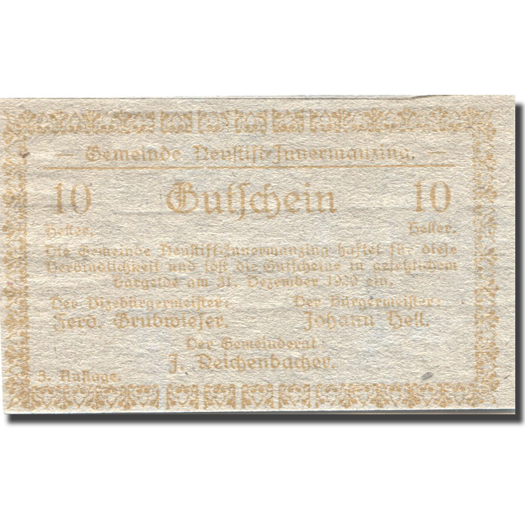 Banconote, Austria, Innermanzing 10Heller valeur faciale 1920 SPL Mehl:FS 668c